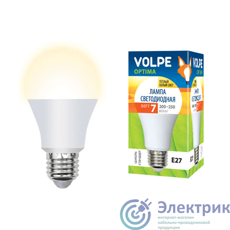 Лампа светодиодная LED-A60-7W/WW 7Вт грушевидная 3000К тепл. бел. E27 600лм 200-250В Volpe UL-00001064