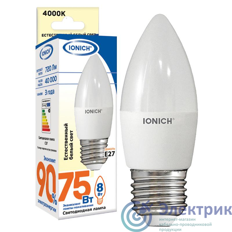 Лампа светодиодная ILED-SMD2835-C37-8-720-220-4-E27 (1306) IONICH 1538