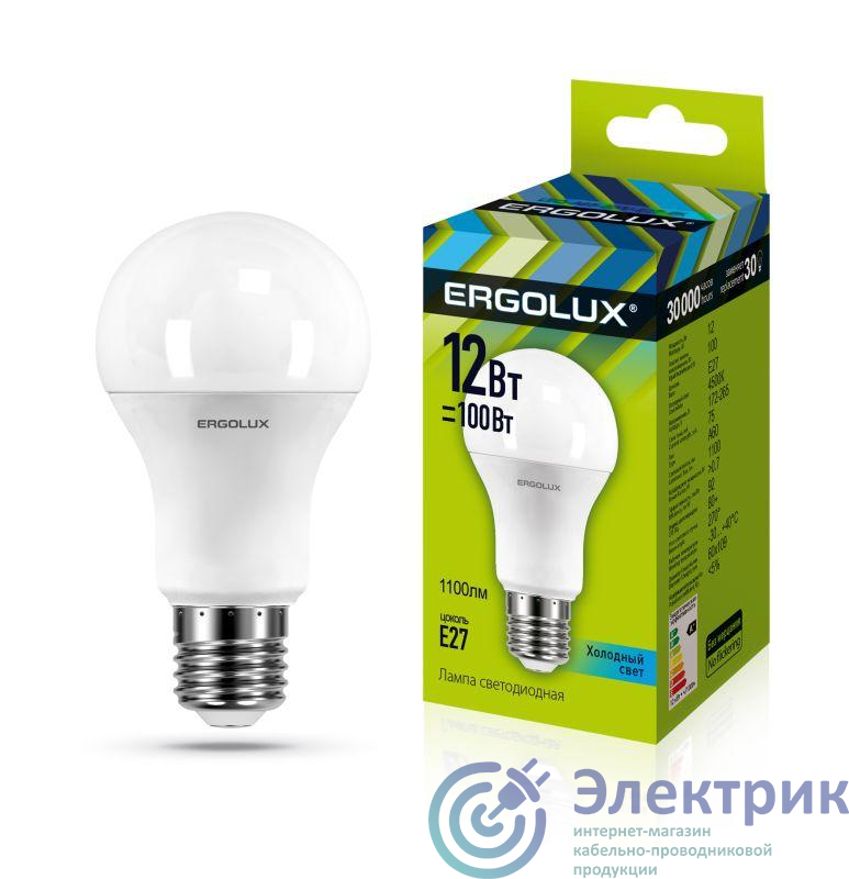 Лампа светодиодная LED-A60-12W-E27-4500K грушевидная ЛОН 172-265В Ergolux 12151