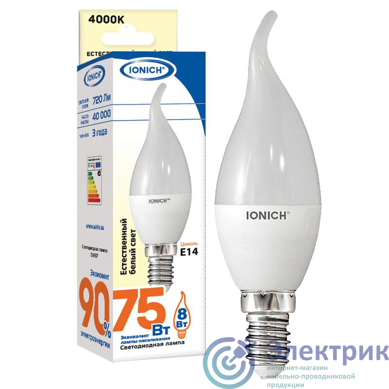 Лампа светодиодная ILED-SMD2835-CW37-8-720-230-4-E14 8Вт CW37 свеча на ветру 4000К нейтр. бел. E14 230В IONICH 1637