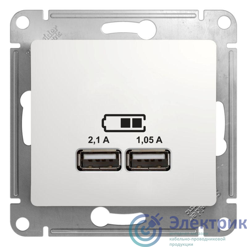 Розетка USB 2-м СП Glossa тип A+A 5В/2.1А 2х5В/1.05А механизм бел. SE GSL000133