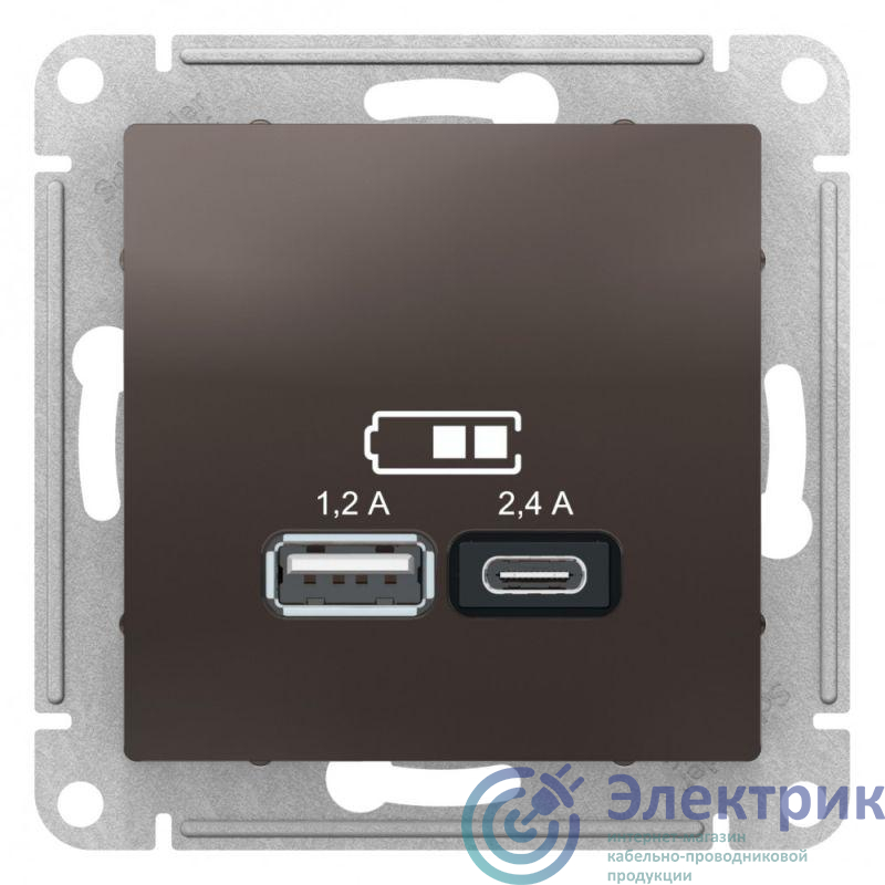 Розетка USB AtlasDesign тип A+C 5В/2.4А 2х5В/1.2А механизм мокко SE ATN000639