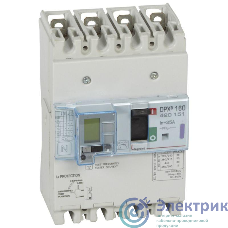 Выключатель автоматический дифференциального тока 4п 25А 50кА DPX3 160 термомагнитн. расцеп. Leg 420151