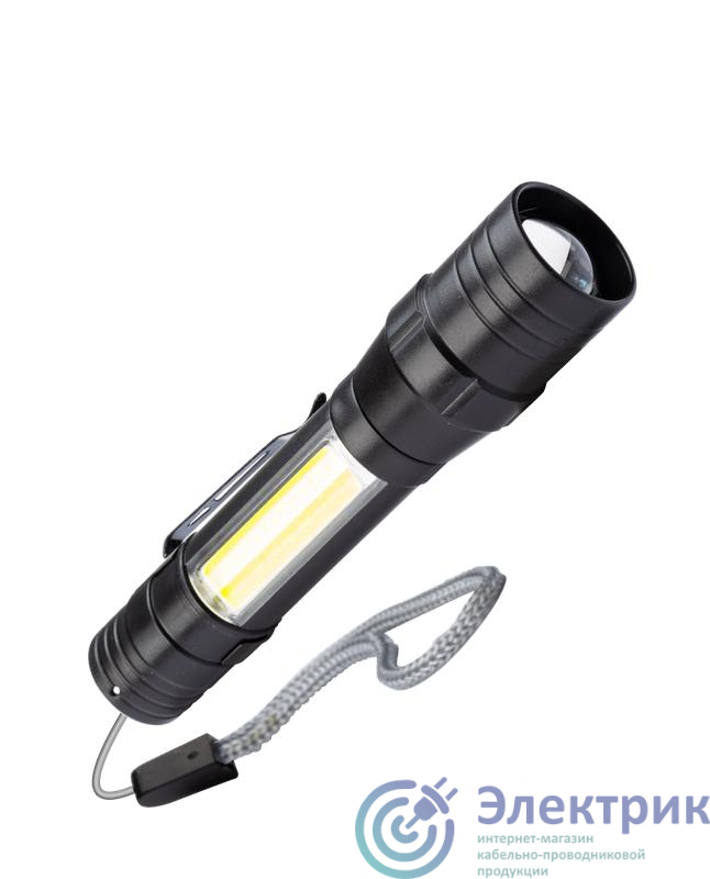 Фонарь аккумуляторный ручной LED 1Вт + COB 5Вт линза зум аккум. Li-ion 18650 1А.ч USB-шнур ABS-пластик КОСМОС KOS113Lit