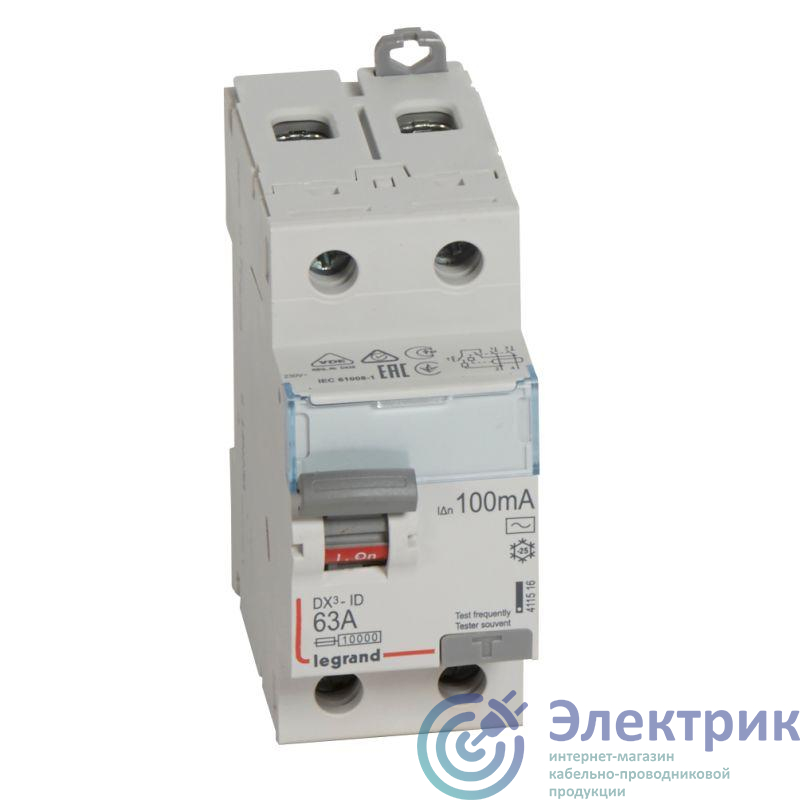 Выключатель дифференциального тока (УЗО) 2п 63А 100мА тип AC DX3 Leg 411516