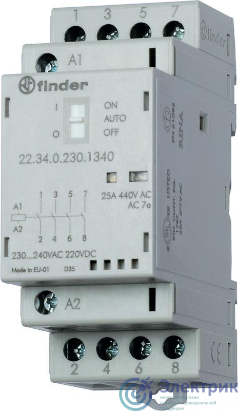 Контактор модульный 2NO + 2NC 25А AgSnO2 230В AC/DC 35мм IP20 опции: мех. индикатор + LED FINDER 223402304620