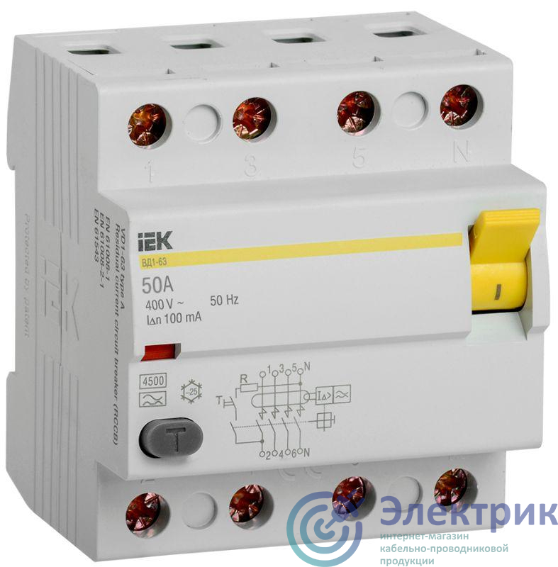 Выключатель дифференциального тока (УЗО) 4п 50А 100мА тип A ВД1-63 IEK MDV11-4-050-100
