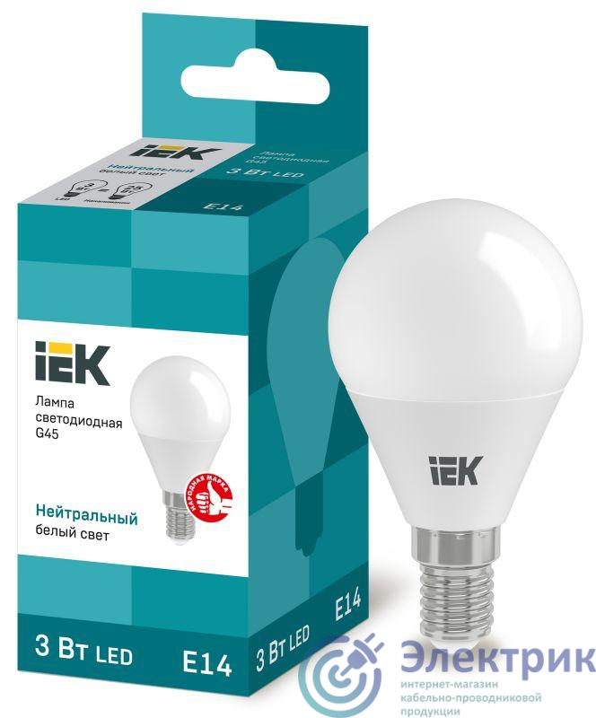 Лампа светодиодная ECO G45 3Вт шар 4000К бел. E14 216лм 230-240В IEK LLE-G45-3-230-40-E14