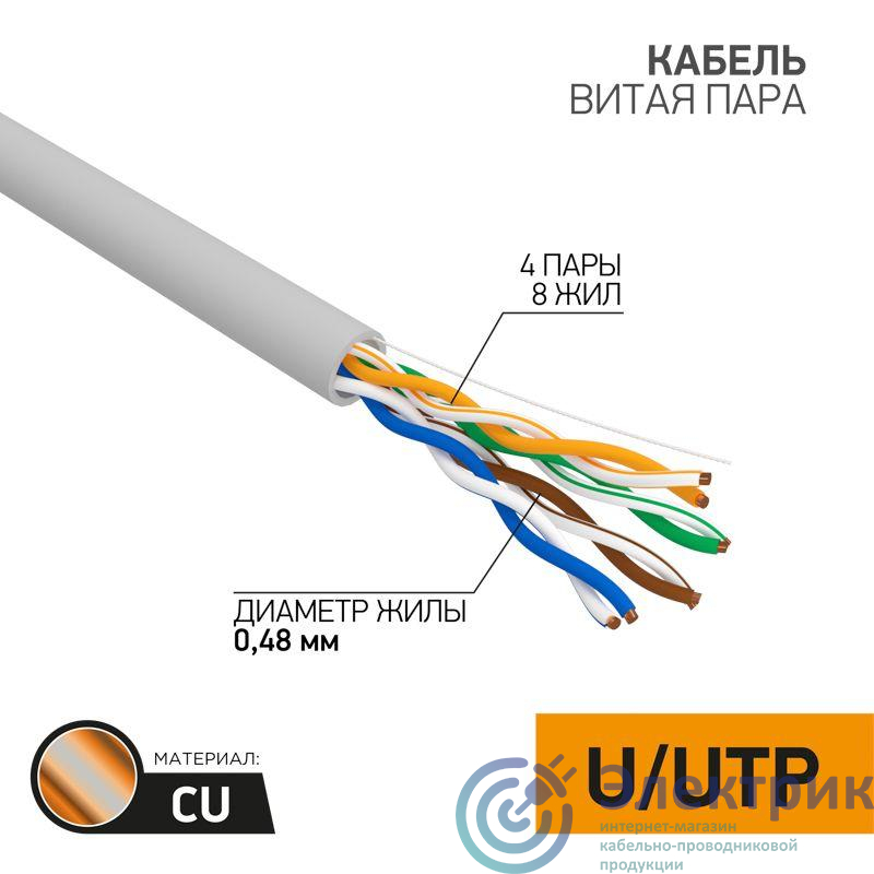 Кабель витая пара U/UTP кат.5E 4х2х24AWG CU медь 100МГц PVC сер. (уп.25м) PROCONNECT 01-0052-25