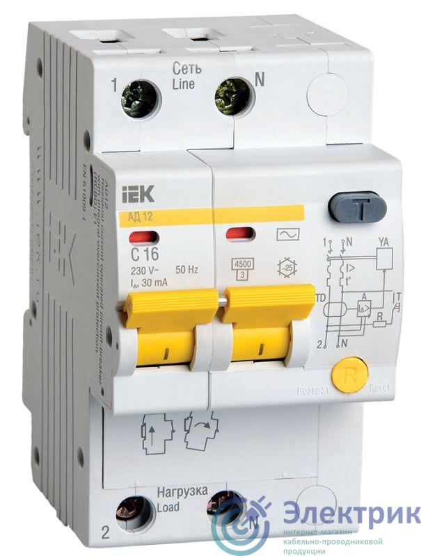 Выключатель автоматический дифференциального тока 2п C 16А 30мА тип AC 4.5кА АД-12 IEK MAD10-2-016-C-030