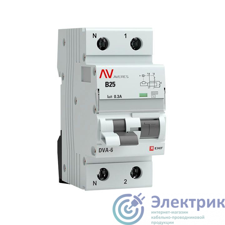 Выключатель автоматический дифференциального тока 2п (1P+N) B 25А 300мА тип AC 6кА DVA-6 Averes EKF rcbo6-1pn-25B-300-ac-av
