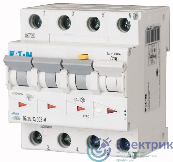 Выключатель автоматический дифференциального тока 4п (3P+N) C 20А 30мА тип A 4.5кА mRB4-20/3N/C/003-A EATON 120677