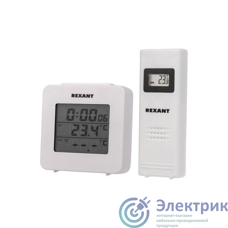 Термометр электронный с часами и беспроводным выносным датчиком (блист.) Rexant 70-0592