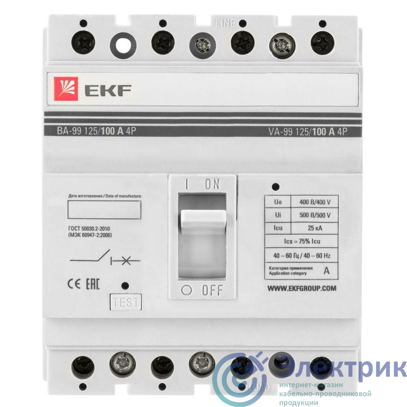 Выключатель автоматический 4п 125/100А 25кА ВА-99 EKF mccb99-125-100-4P