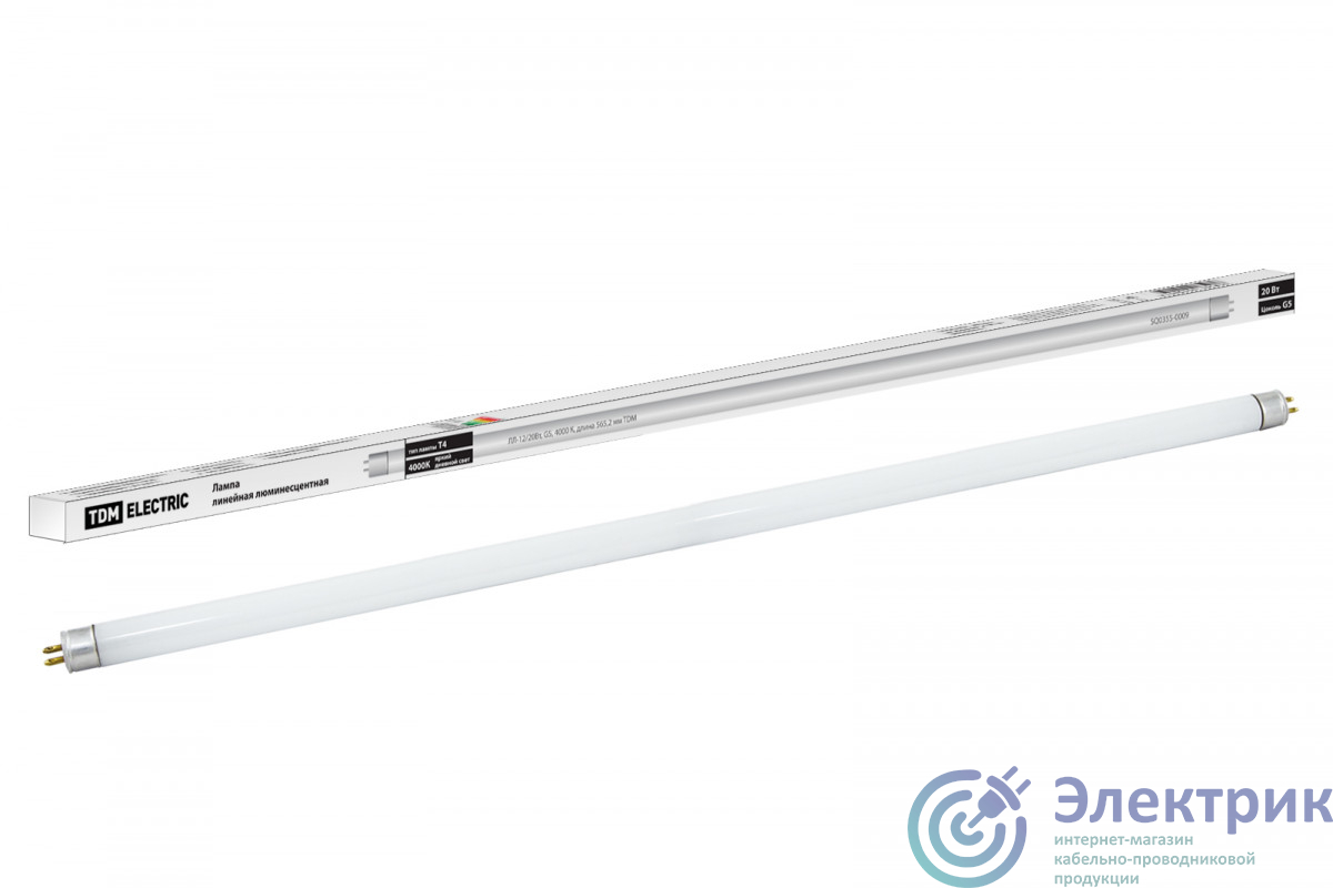 Лампа люминесцентная линейная двухцокольная ЛЛ-12/20Вт, T4/G5, 4000 К, длина 565.2мм TDM