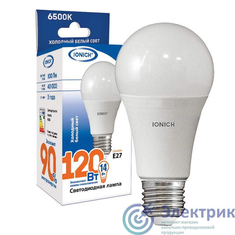 Лампа светодиодная ILED-SMD2835-A60-14-1100-230-6.5-E27 A60 14Вт E27 6500К холод. бел. IONICH 1624