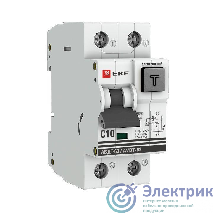 DA63-10-30e | Выключатель автоматический дифференциального тока 2п C 10А 30мА тип A 6кА АВДТ-63 2мод. электрон. PROxima EKF 