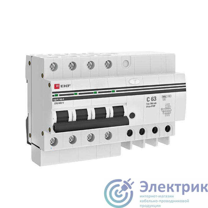 Выключатель автоматический дифференциального тока C 63А 300мА тип AC 6кА АД-4  (электрон.) защита 270В PROxima EKF DA4-6-63-300-pro
