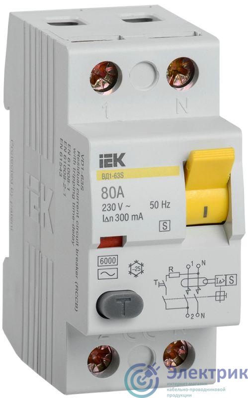 Выключатель дифференциального тока (УЗО) 2п 80А 300мА тип ACS ВД1-63S IEK MDV12-2-080-300