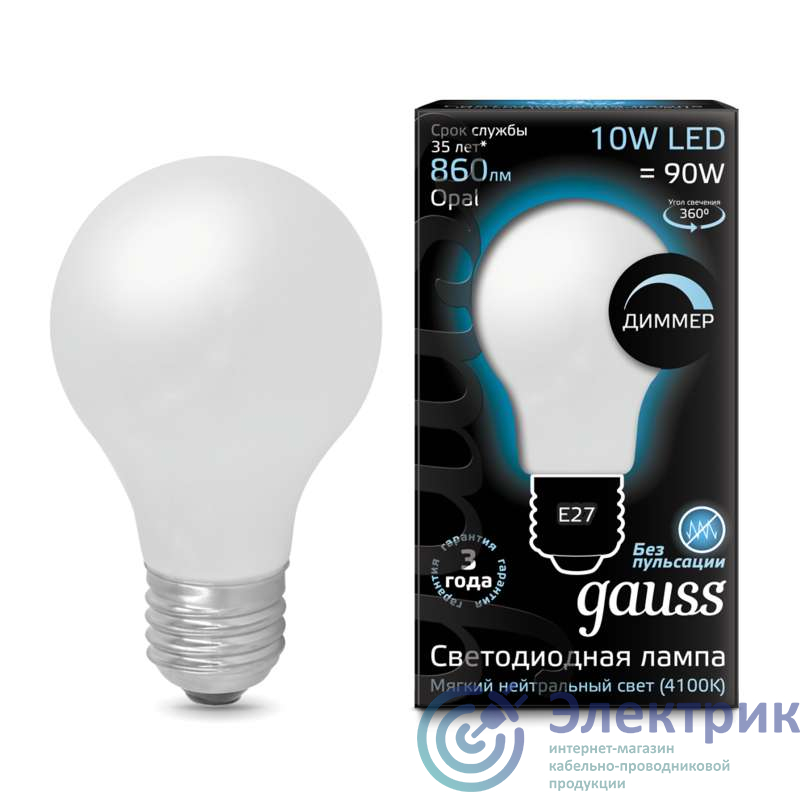 Лампа светодиодная Black Filament A60 E27 10Вт 4100К OPAL диммир. Gauss 102202210-D