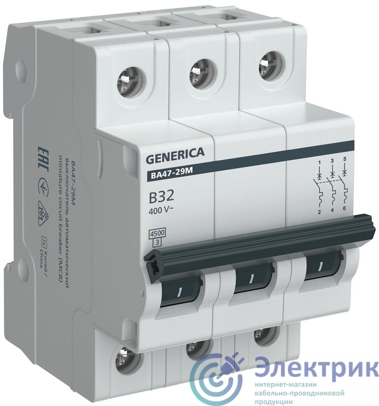 MVA21-3-032-B-G | Выключатель автоматический модульный 3п B 32А 4.5кА ВА47-29М GENERICA