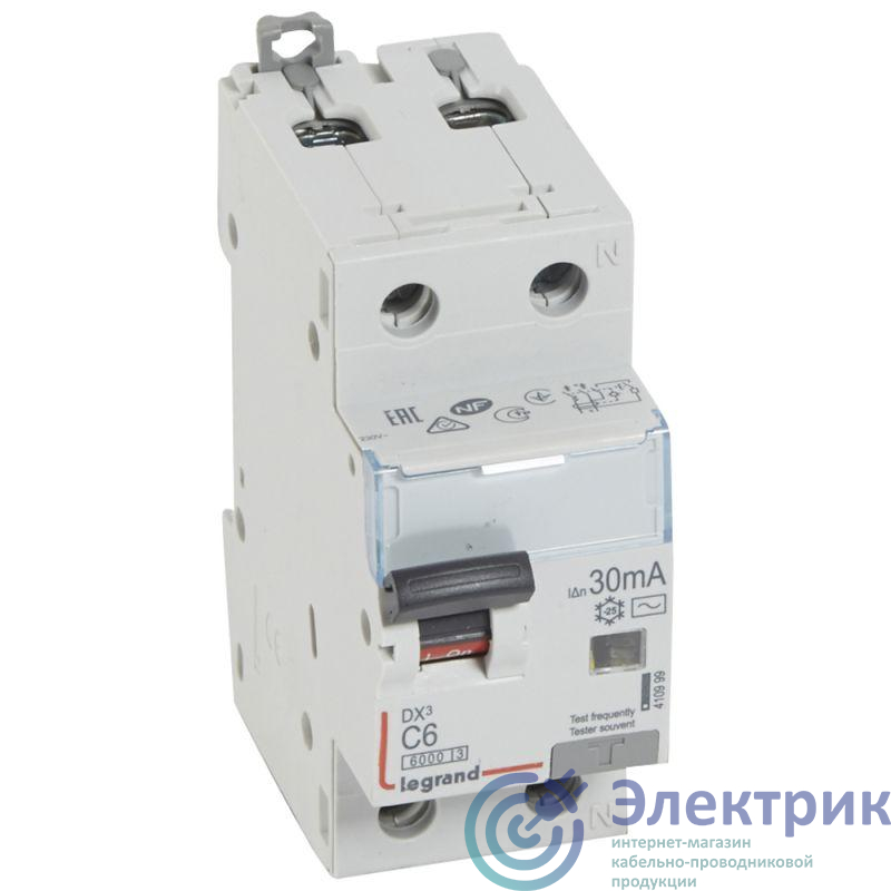 Выключатель автоматический дифференциального тока 2п (1P+N) C 6А 30мА тип AC 6кА DX3 Leg 410999