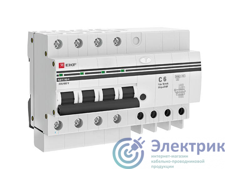 Выключатель автоматический дифференциального тока C 6А 10мА тип AC 4.5кА АД-4 (электрон.) защита 270В PROxima EKF DA4-06-10-pro