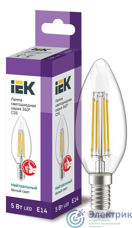 Лампа светодиодная филаментная 360° 5Вт C35 свеча прозрачная 4000К нейтр. бел. E14 230В IEK LLF-C35-5-230-40-E14-CL