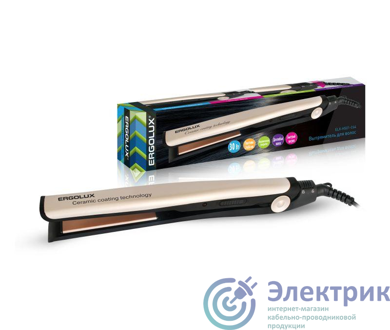 Выпрямитель для волос ELX-HS01-C64 30Вт 220-240В черн./зол. Ergolux 13132