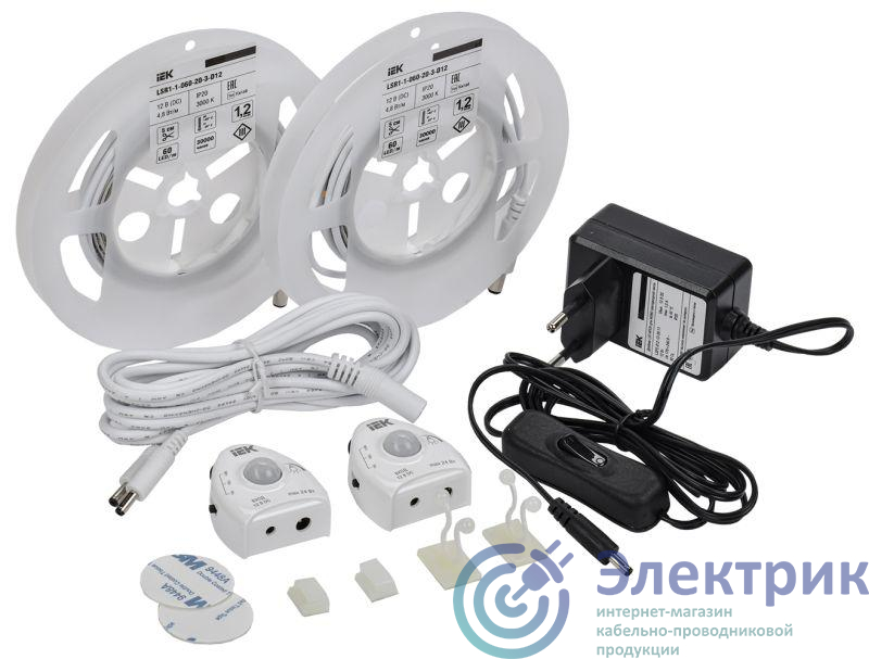 Комплект светодиодной подсветки "Сделай сам" DIY (лента LED 2х1.2м LSR-2835WW60-4.8-IP20-12В + драйвер + 2 датчика движения) IEK 2LSR1-1-060-20-1-2XD12-S3