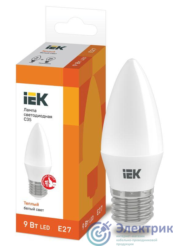 Лампа светодиодная ECO C35 9Вт свеча 3000К E27 230В IEK LLE-C35-9-230-30-E27
