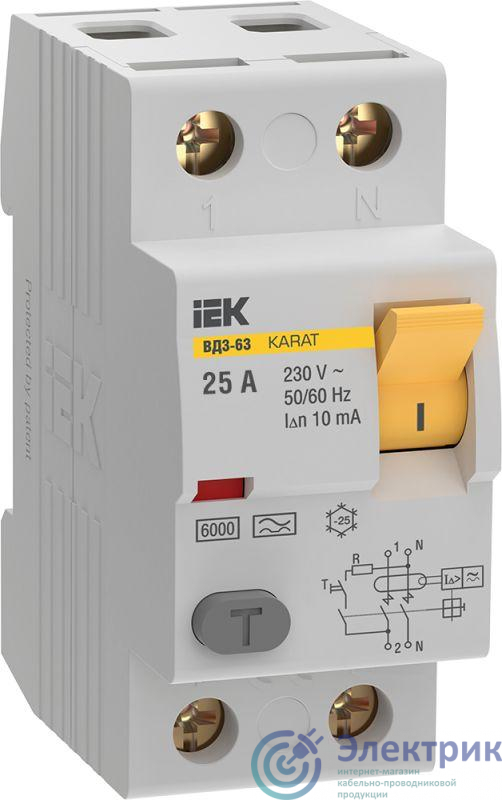 Выключатель дифференциального тока (УЗО) 2п 25А 10мА 6кА тип A ВД3-63 KARAT IEK MDV21-2-025-010