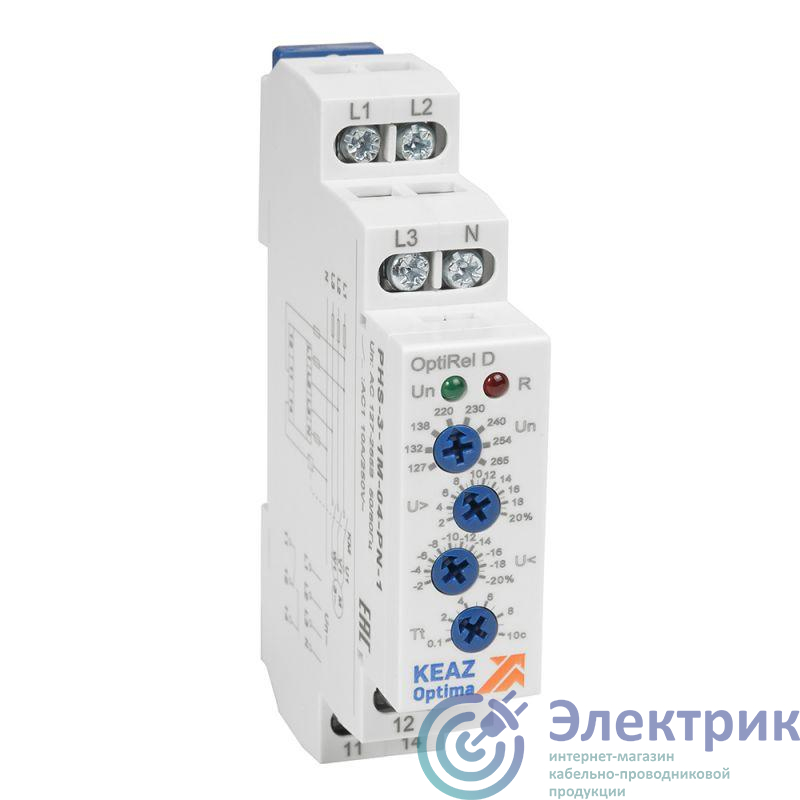 Реле контроля фаз OptiRel D PHS-3-1M-04-PN-2 повышенного/пониженного 3Ф+N 2СО КЭАЗ 331994