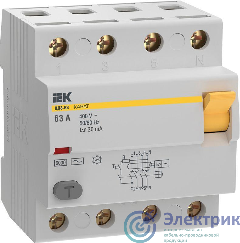 Выключатель дифференциального тока (УЗО) 4п 63А 30мА 6кА тип AC ВД3-63 KARAT IEK MDV20-4-063-030