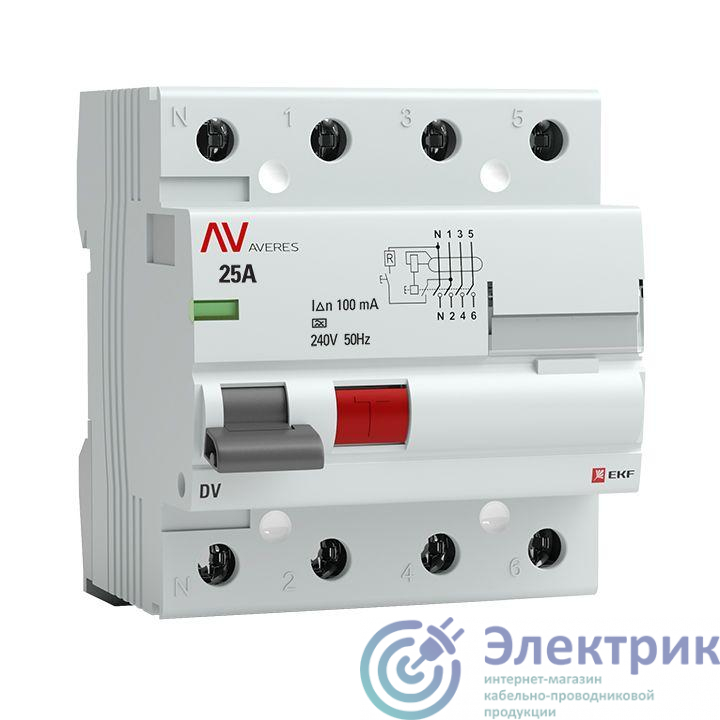 Выключатель дифференциального тока (УЗО) 4п 25А 100мА тип A DV AVERES EKF rccb-4-25-100-a-av