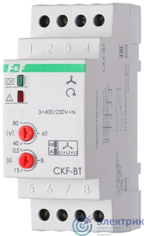 Реле контроля наличия и чередования фаз CKF-BT (монтаж на DIN-рейке 35мм; микропроцессорный; регулировка порога отключения и времени отключения; контроль верхнего и нижнего значений напряжения; 3х400/230+N 2х8А 1Z 1R IP20) F&F EA04.002.004