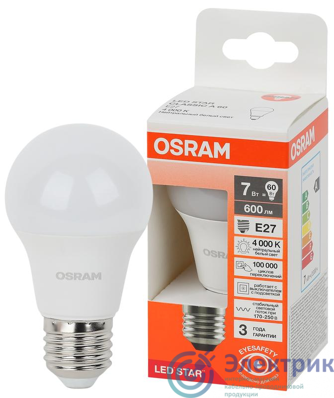 Лампа светодиодная LED Star 7Вт грушевидная 4000К E27 600лм (замена 60Вт) OSRAM 4058075695689