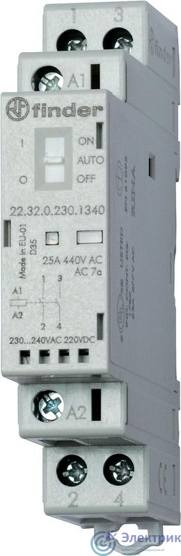 Контактор модульный 2NO 25А AgNi 230В AC/DC 17.5мм IP20 мех. индикатор FINDER 223202301320