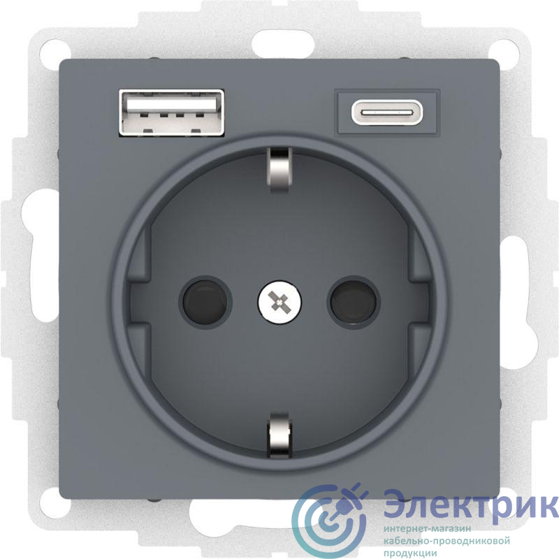 Розетка AtlasDesign 16А с 2-мя заряд. устройствами USB тип A+C 5В/2.4А 2х5В/1.2А механизм грифель SE ATN000732