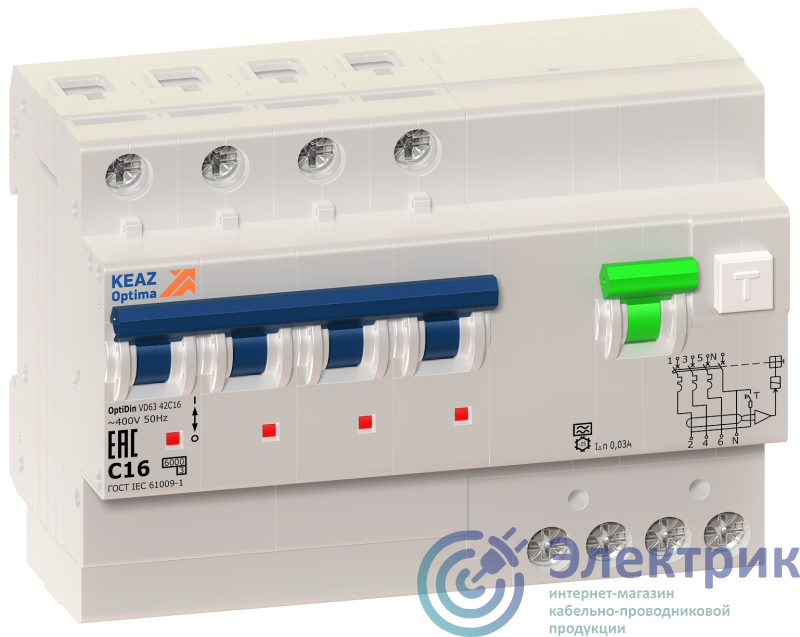 Выключатель автоматический дифференциального тока 4п C 16А 100мА тип A 6кА OptiDin VD63 УХЛ4 КЭАЗ 103484