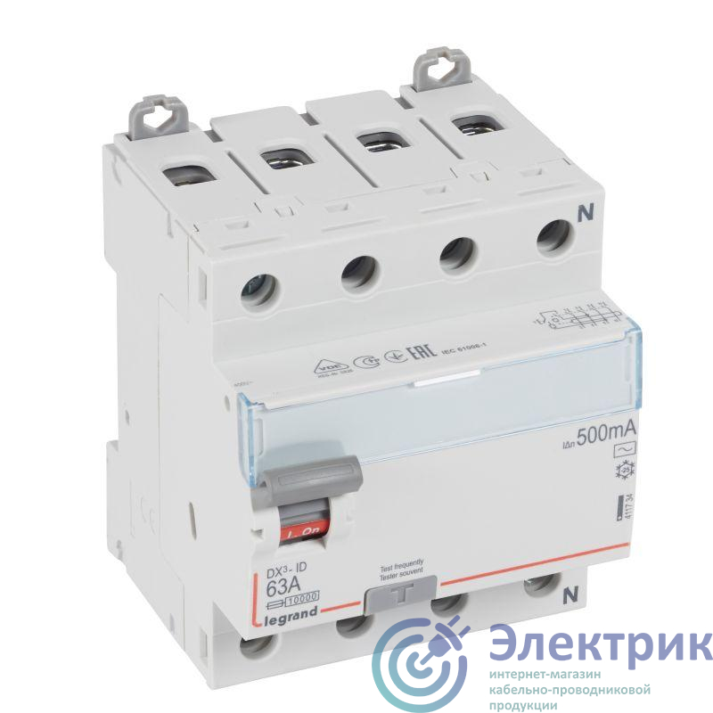 Выключатель дифференциального тока (УЗО) 4п 63А 500мА тип AC DX3 N справа Leg 411734