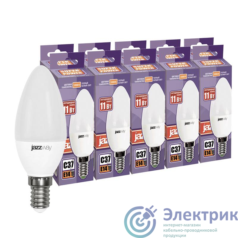 Лампа светодиодная PLED-SP 11Вт C37 3000К тепл. бел. E14 230В 50Гц (уп.10шт) JazzWay 5019164