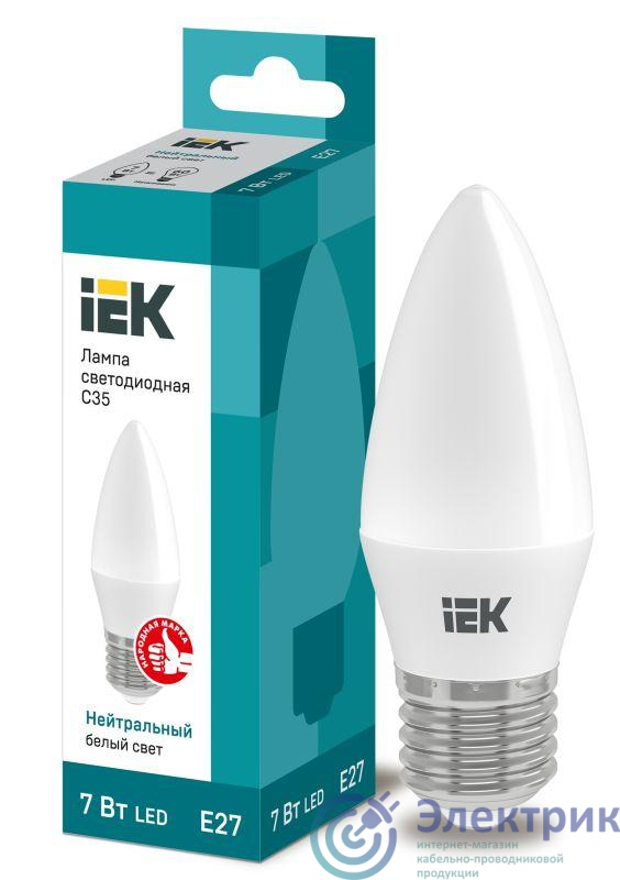 Лампа светодиодная Eco 7Вт C35 свеча 4000К нейтр. бел. E27 230В IEK LLE-C35-7-230-40-E27