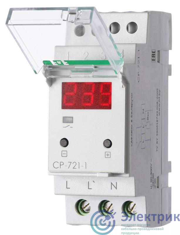 Реле напряжения CP-721-1 (однофазное; цифровая индикация; напряжение питания 50-450В контакт 1NO 63А встроен. таймер регистрация аварий в памяти индикация текущего напряжения) (аналог УЗМ) F&F EA04.009.013