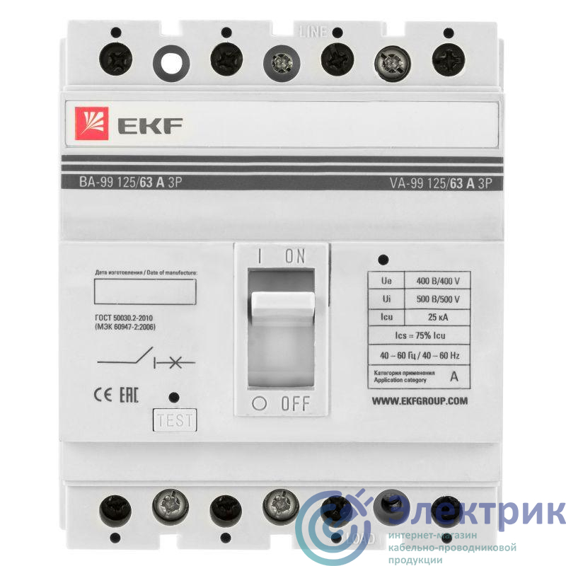 Выключатель автоматический 4п 125/63А 25кА ВА-99 EKF mccb99-125-63-4P