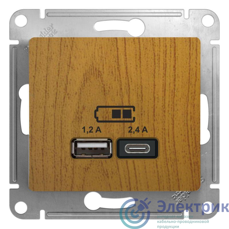 Розетка USB Glossa тип A+C 5В/2.4А 2х5В/1.2А механизм дерево дуб SE GSL000539