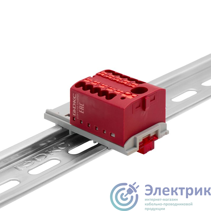 DTP1-110-104SPUR-V | Блок распределительный с вертикал. адаптером на рейки шир. 15/35мм зажим push-in 1 ввод 6кв.мм 10 точек подключения 2.5кв.мм красн. DKC 