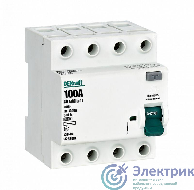 Выключатель дифференциального тока (УЗО) 4п 100А 30мА тип AC 6кА УЗО-03 DEKraft 14238DEK
