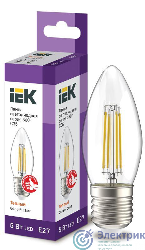 Лампа светодиодная филаментная 360° 5Вт C35 свеча 3000К E27 230В прозр. IEK LLF-C35-5-230-30-E27-CL