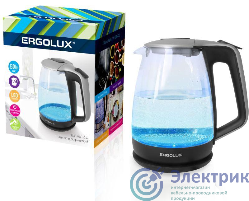 Чайник ELX-KG01-C42 стекл. 1.7л 160-250В 1500-2300Вт серебристо-черн. Ergolux 13117